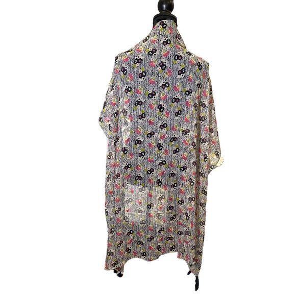 Unbranded Scarf Womens Square Black White Pink Floral Flower Tassel Semi Sheer - Picture 7 of 10